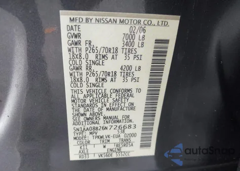 2006 Nissan Armada Le from USA, damaged, VIN 5N1AA08B26N726683